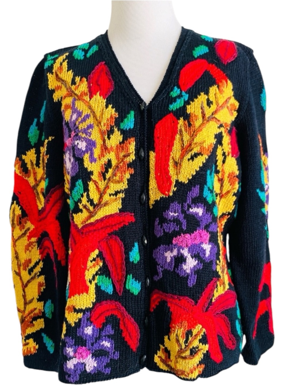 Vintage 90s Berek Black Floral Knit Cardigan Sweater Boho Cottagecore Medium
